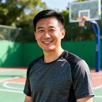 一位30岁左右的中国男性用户头像，穿着运动T恤，背景为户外篮球场，阳光明亮，表情自然微笑。