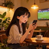 一位25岁左右的中国女性用户头像，长发披肩，在咖啡馆内手持手机观看赛事，环境温馨，表情专注。